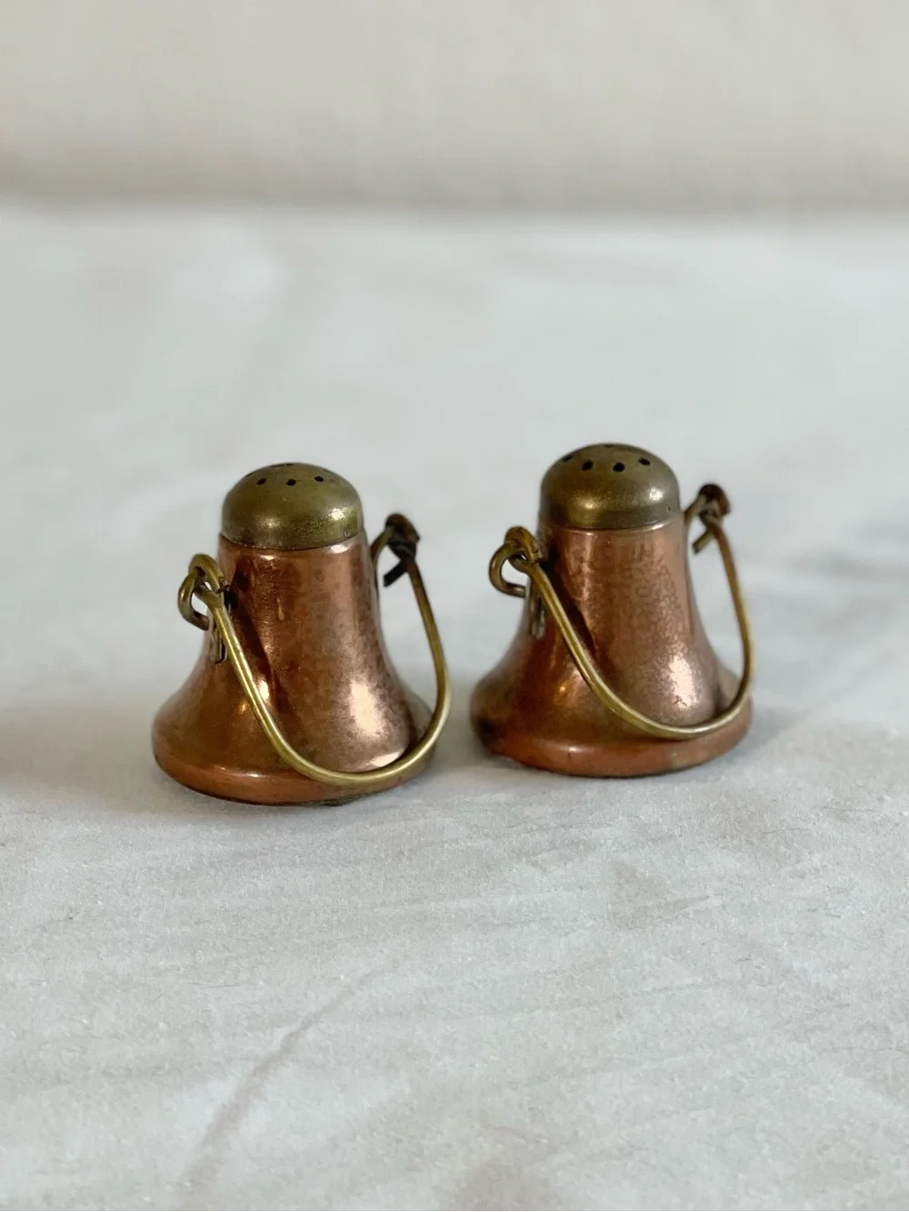 Vintage Copper Bell-Shaped Salt and Pepper Shakers with Brass Handles